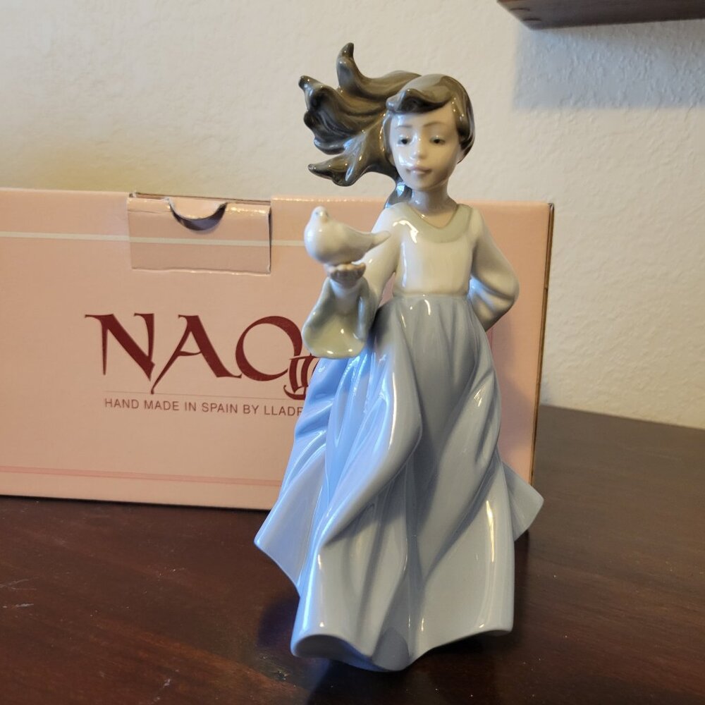 Girl with Bird Figurine - Gray and White